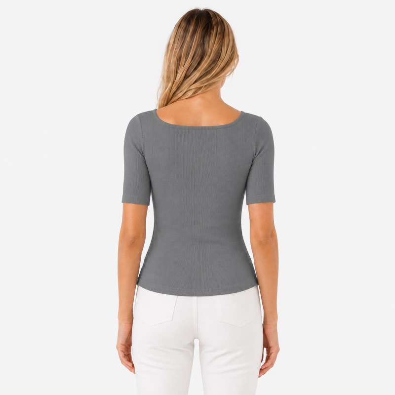 Ladies Scoop Neck Button Short Sleeve Top