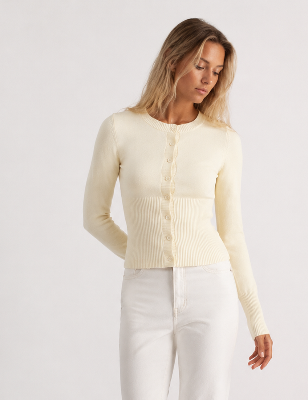 Ladies Button Front Ribbed Knit Cardigan
