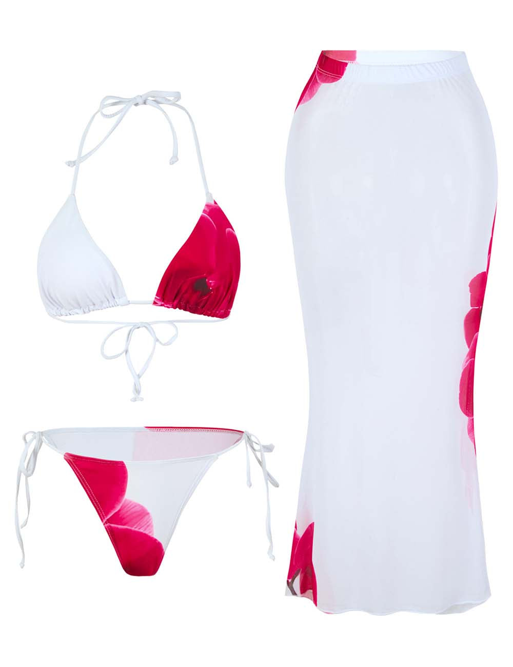 Ladies Floral Print 3 Piece Swimsuit Halter Triangle Bikini Set with Skirt