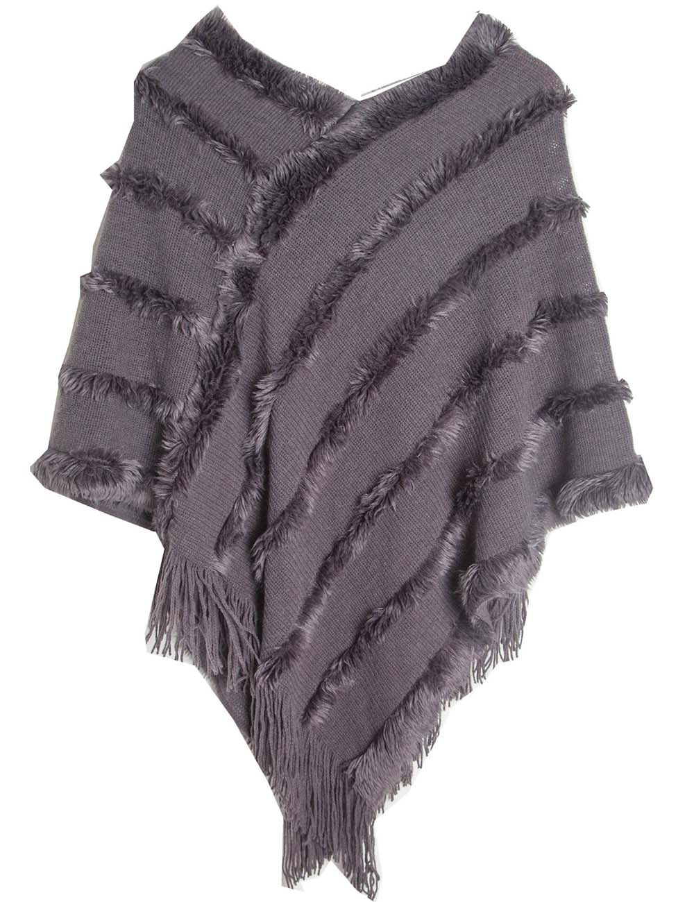 Ladies Tassel Trim Scarf V-Neck Solid Color Knit Shawl