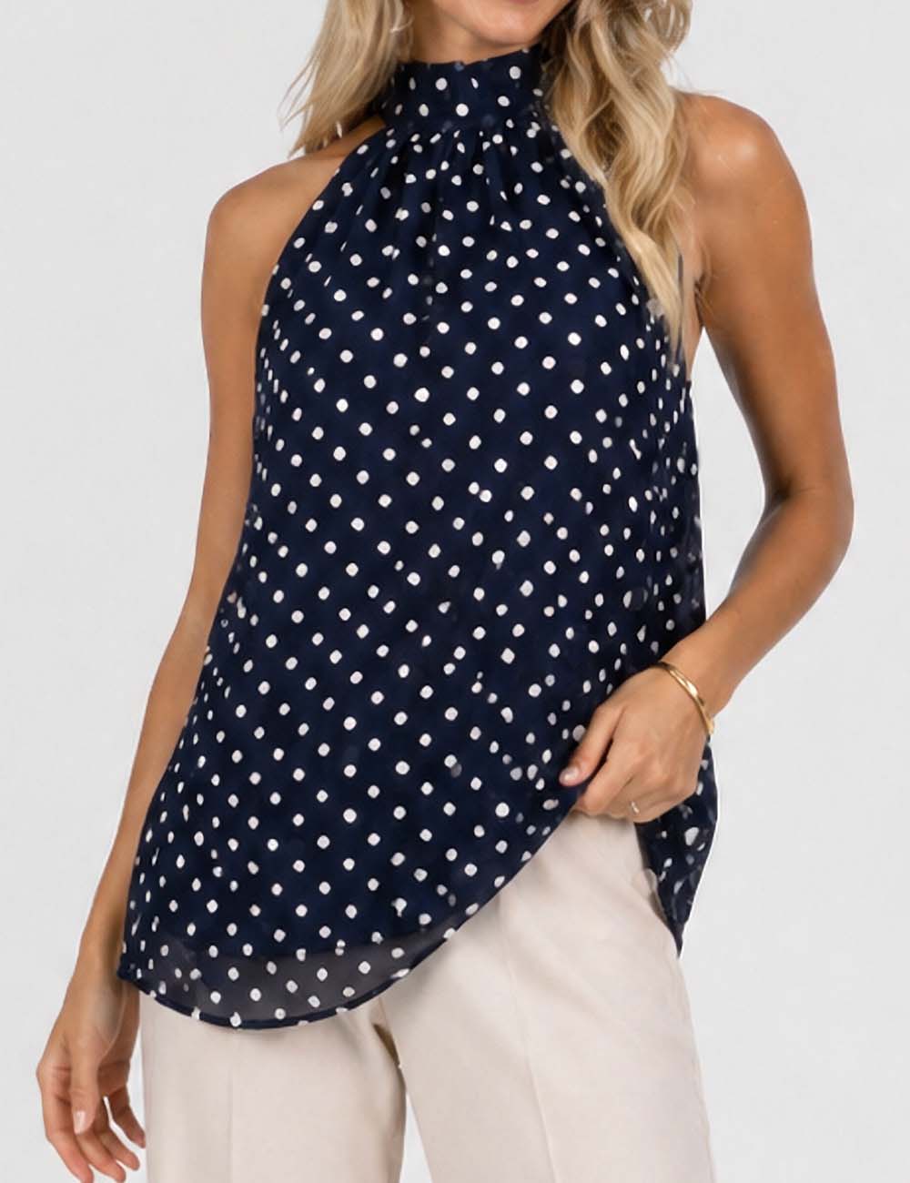 Ladies Chiffon Polka Dot Stand Neck Sleeveless Ruffle Hem Top