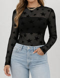 Ladies Chic Star Mock Neck Sheer Mesh Long Sleeves Layering Top