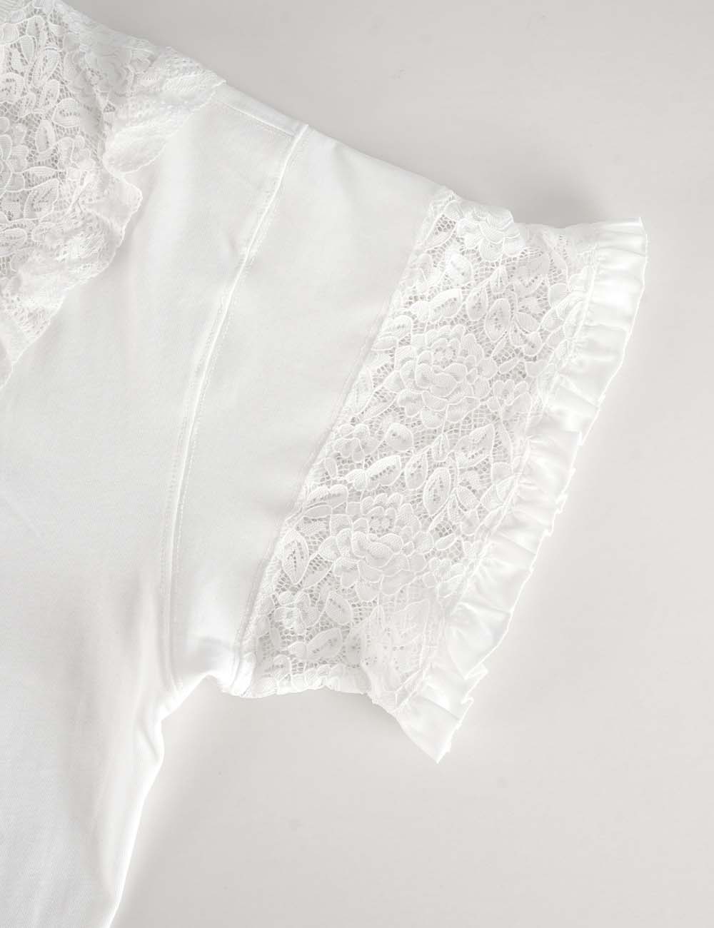 Ladies Romantic Lace Round Neck Ruffle Sleeves Top