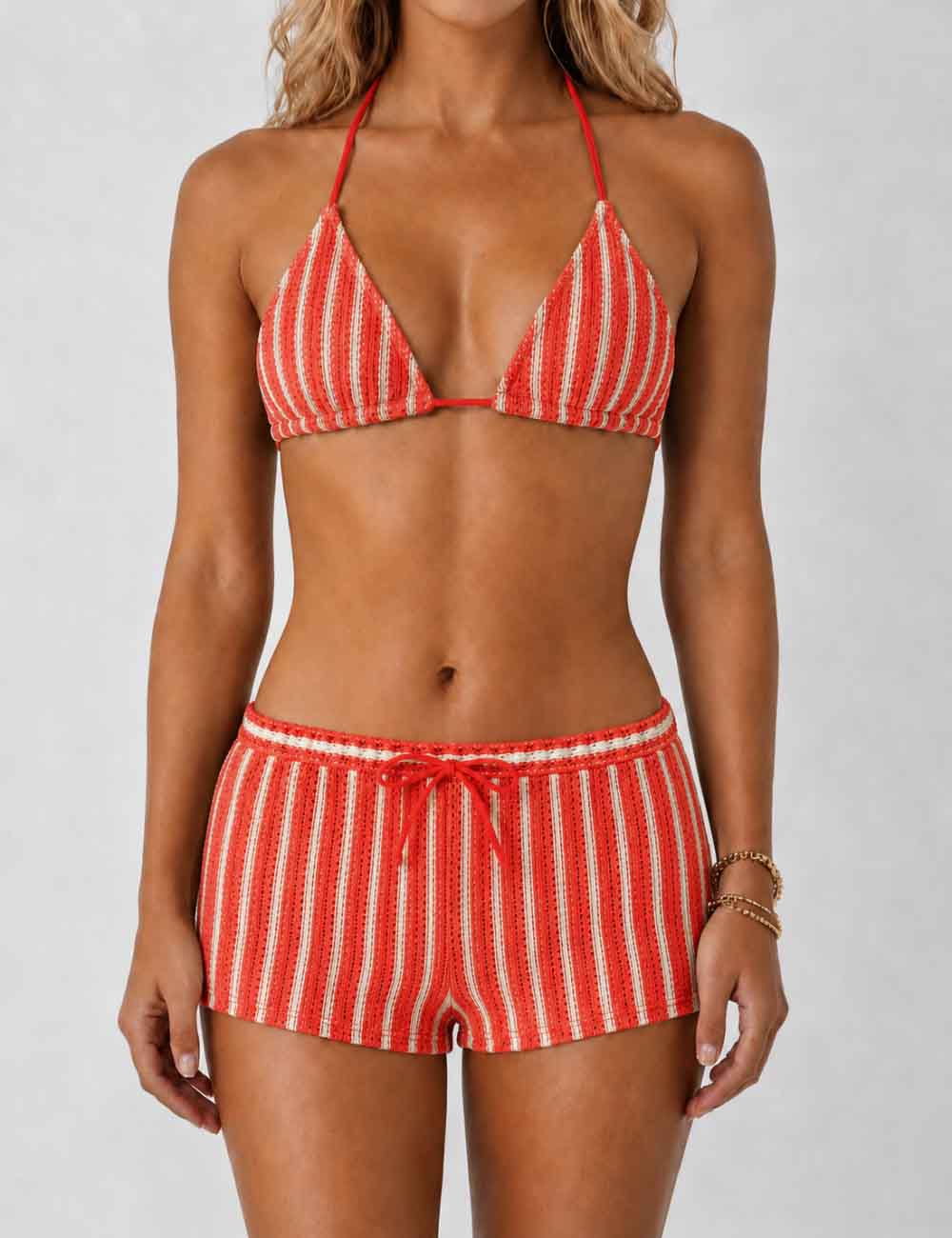 Ladies Striped Crochet Triangle 3 Piece Bikini Set With Cover Up Shorts