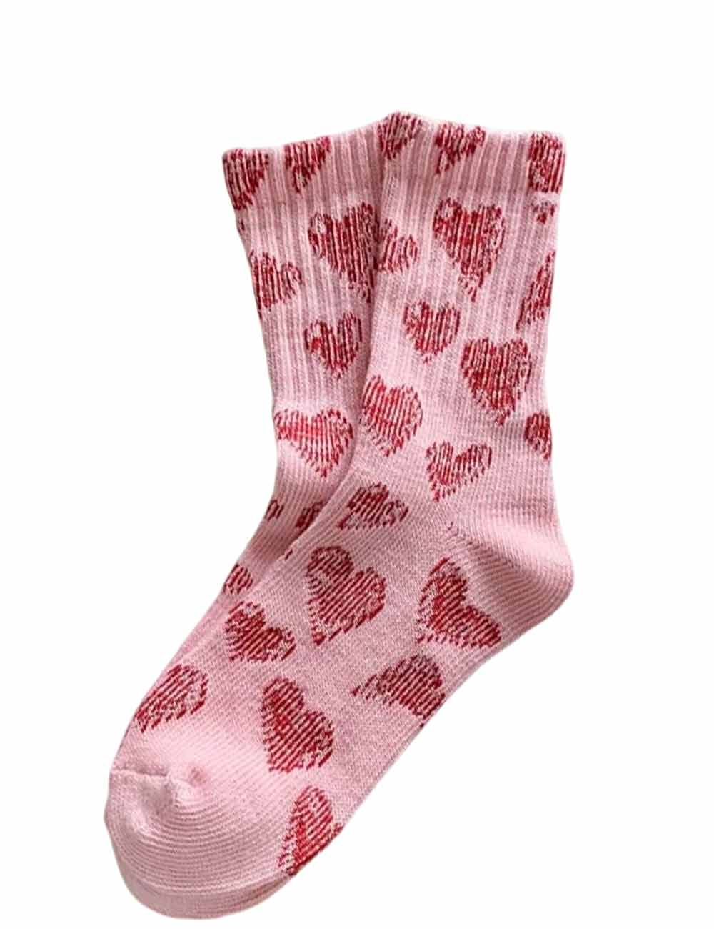 Ladies Valentine's Heart Pattern Ribbed Edge Knit Midi Calf Socks