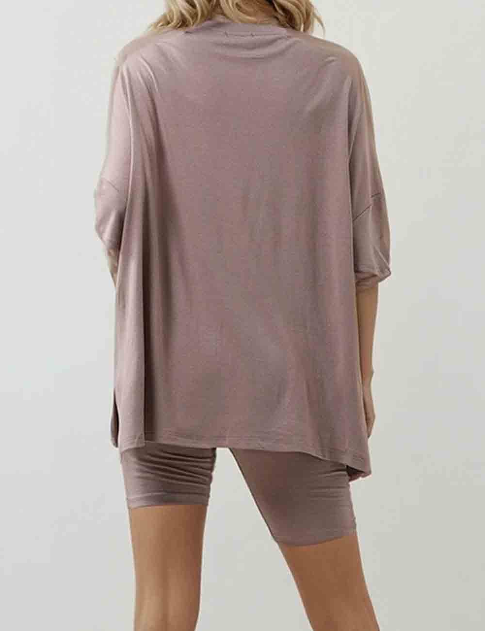 Ladies Solid Loungewear Outfits Loose Top & Slim Shorts Set