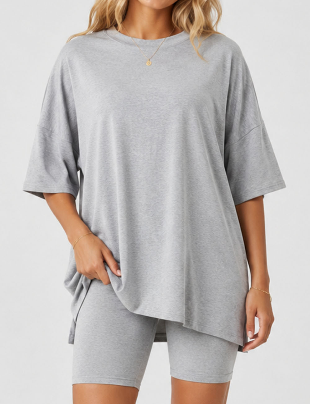 Ladies Solid Loungewear Outfits Loose Top & Slim Shorts Set
