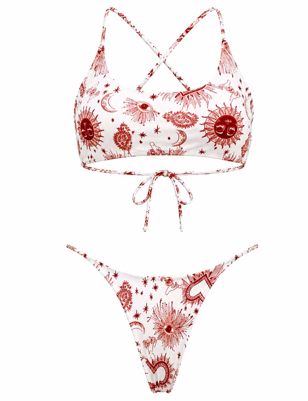 Ladies Sun Moon Print Halter Scoop Neck Triangle Bikini Set