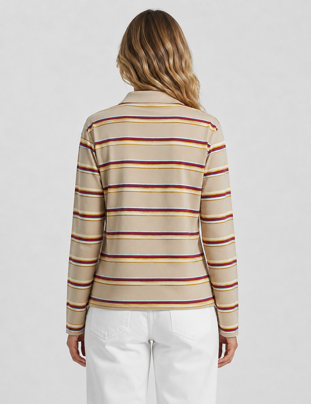 Ladies Casual Striped Polo Collar Long Sleeves Top