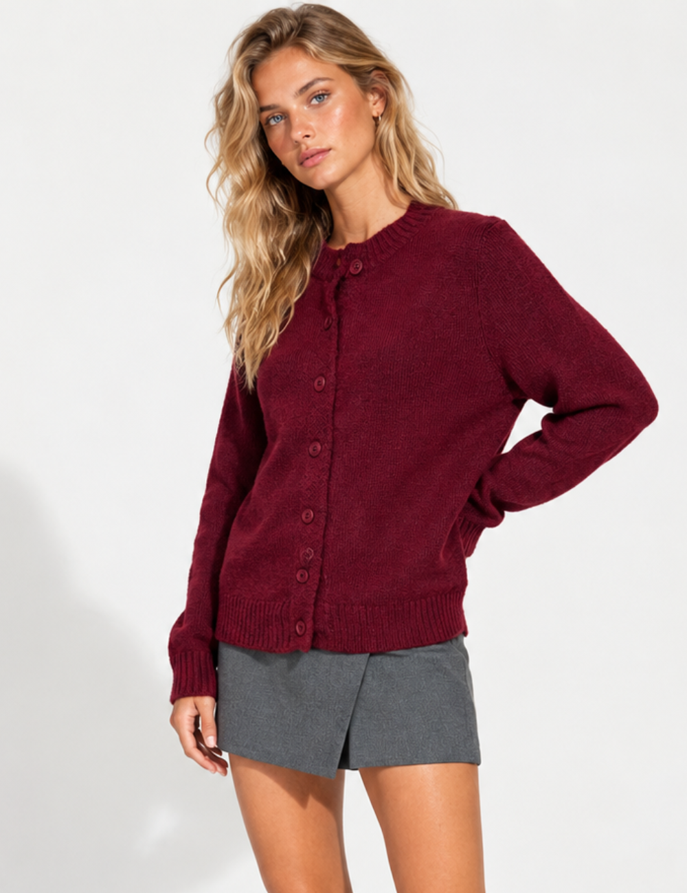Ladies Solid Color Button Front Crew Neck Knit Cardigan