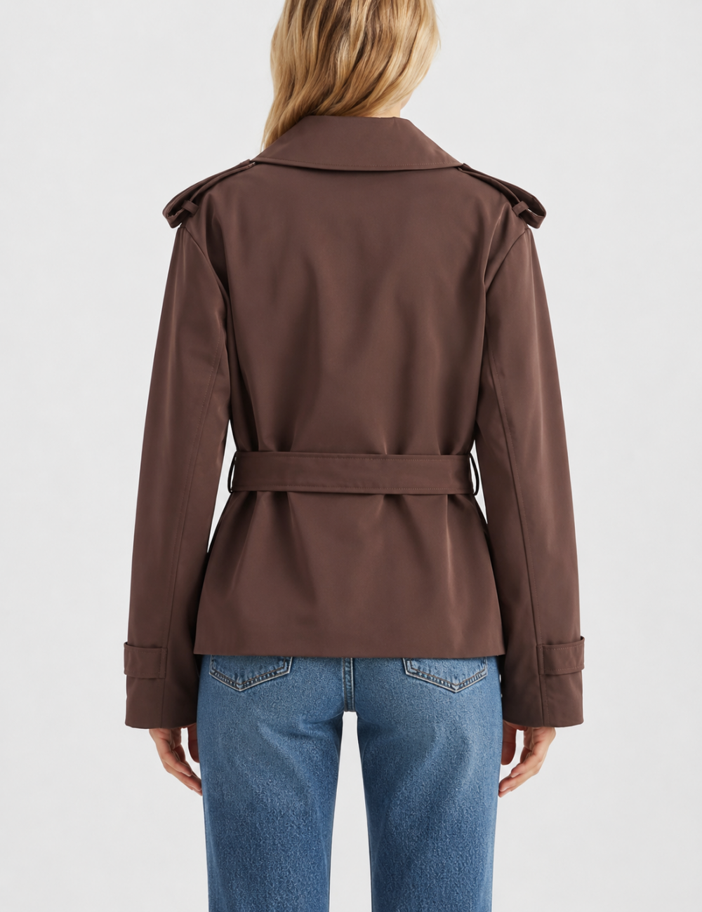 Ladies Lapel Collar Belted Short Trench Coat