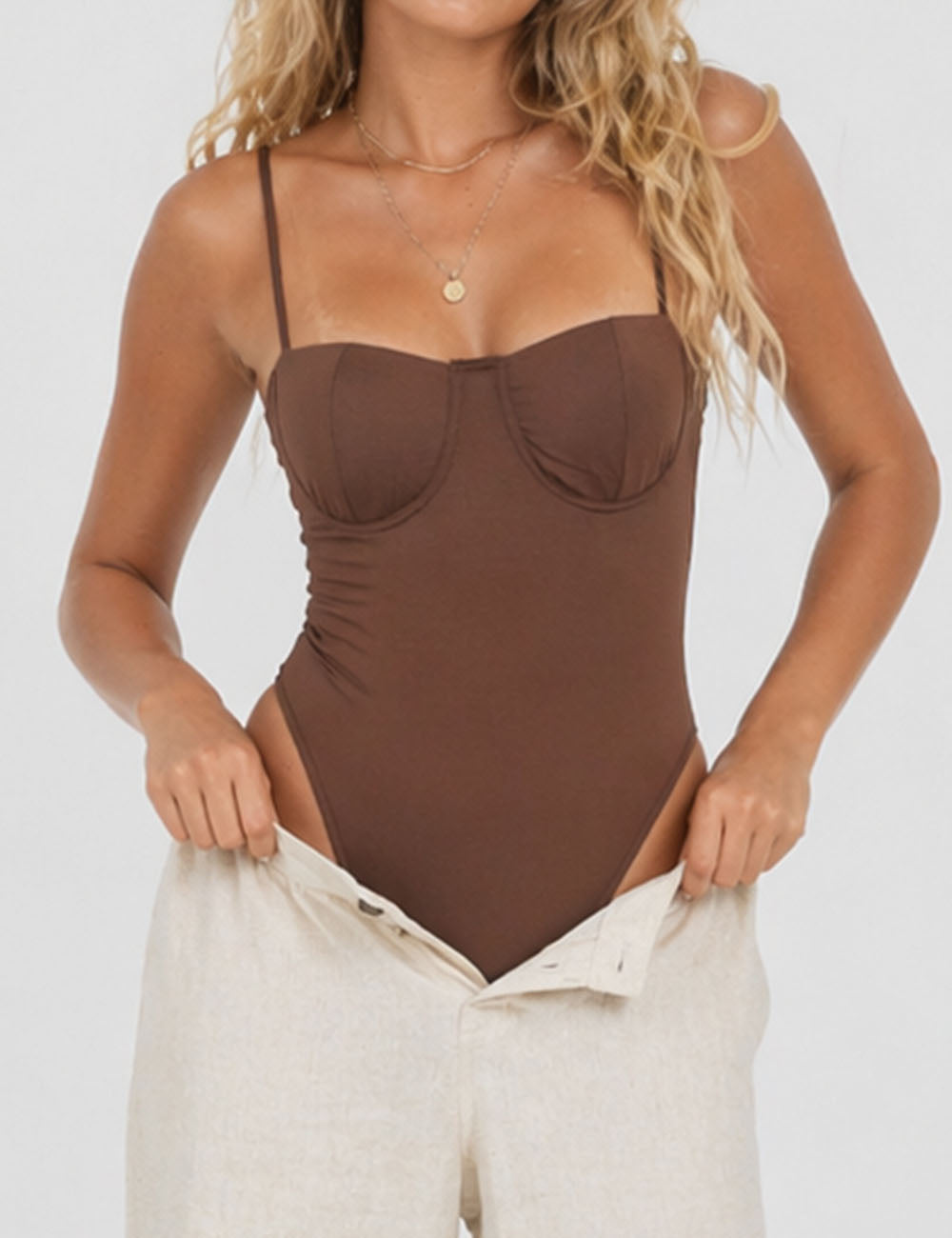 Ladies Chic Solid Color Underwire Spaghetti Strap Sleeveless Bodysuit