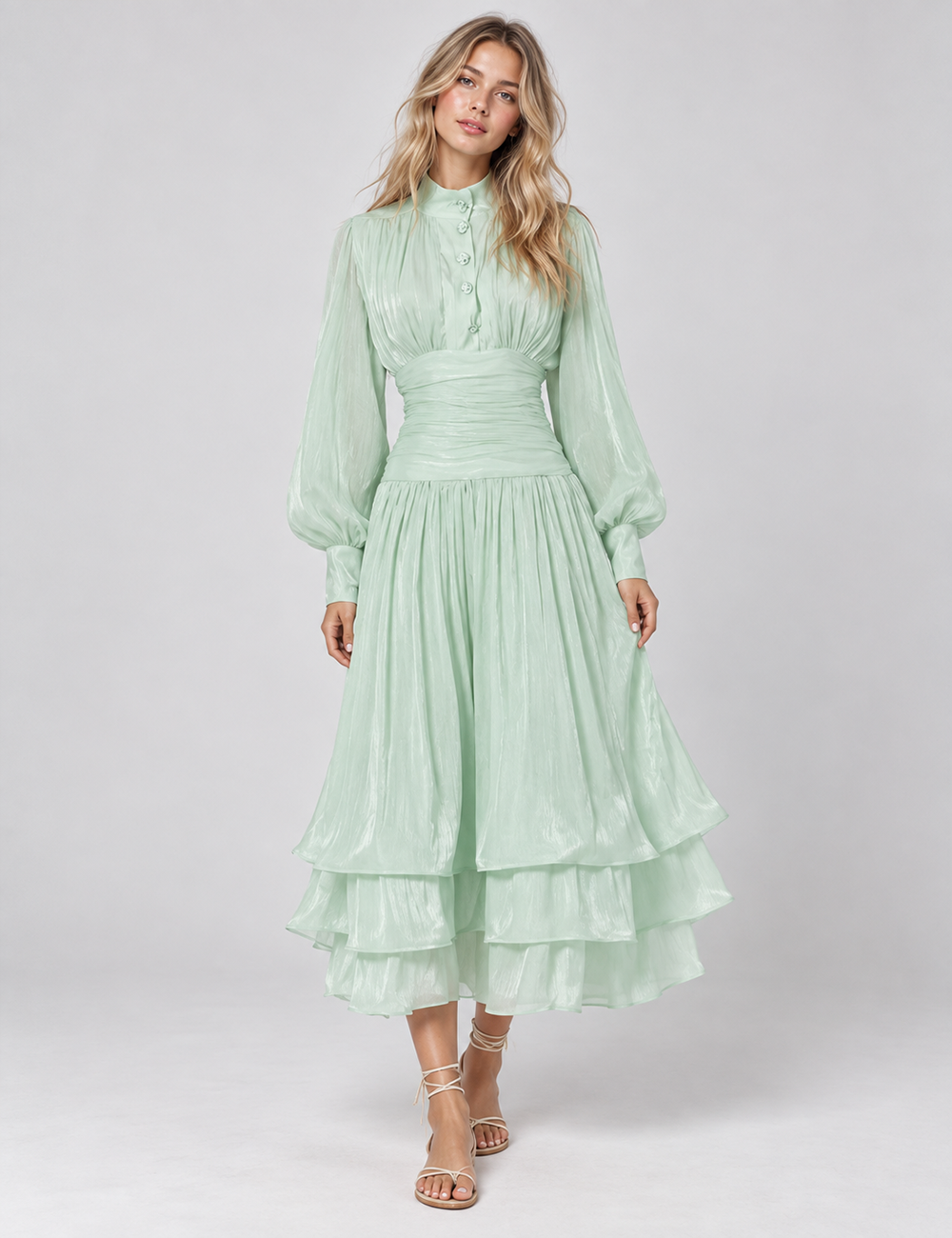 Ladies Puff Sleeves Ruched Button Tiered Midi Dress