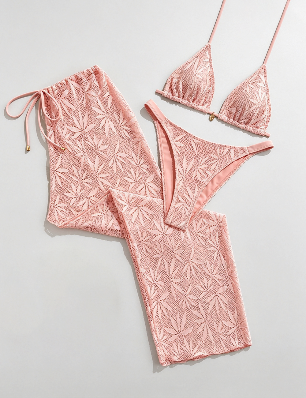 Ladies Halter Crochet Leaf Pattern 3PCS Bikini Swimwear Set