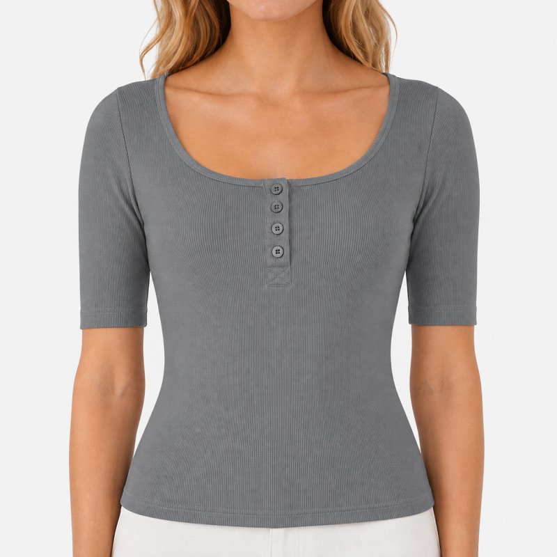 Ladies Scoop Neck Button Short Sleeve Top