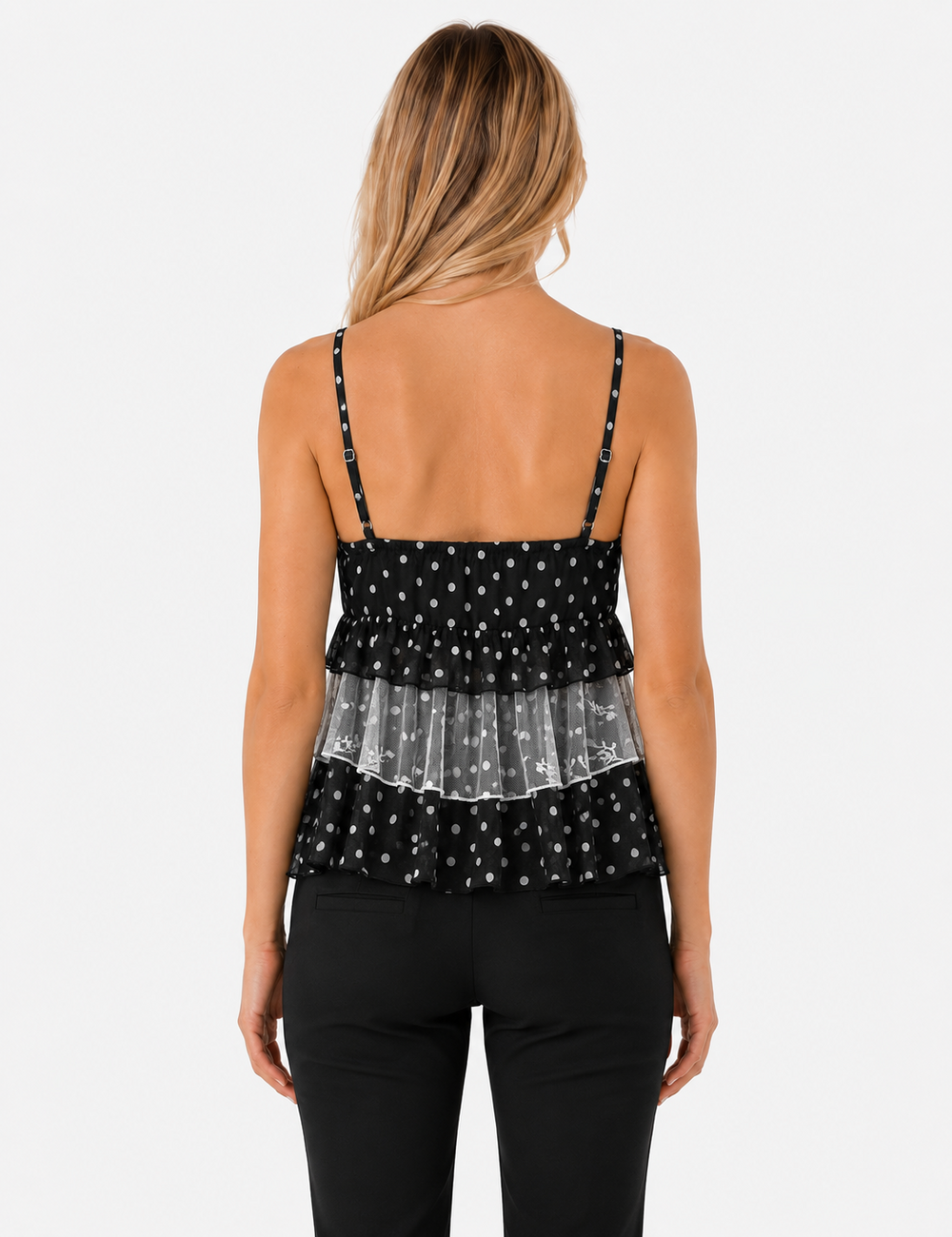 Ladies Casual Polka Dot Ruffle Hem Cami Top