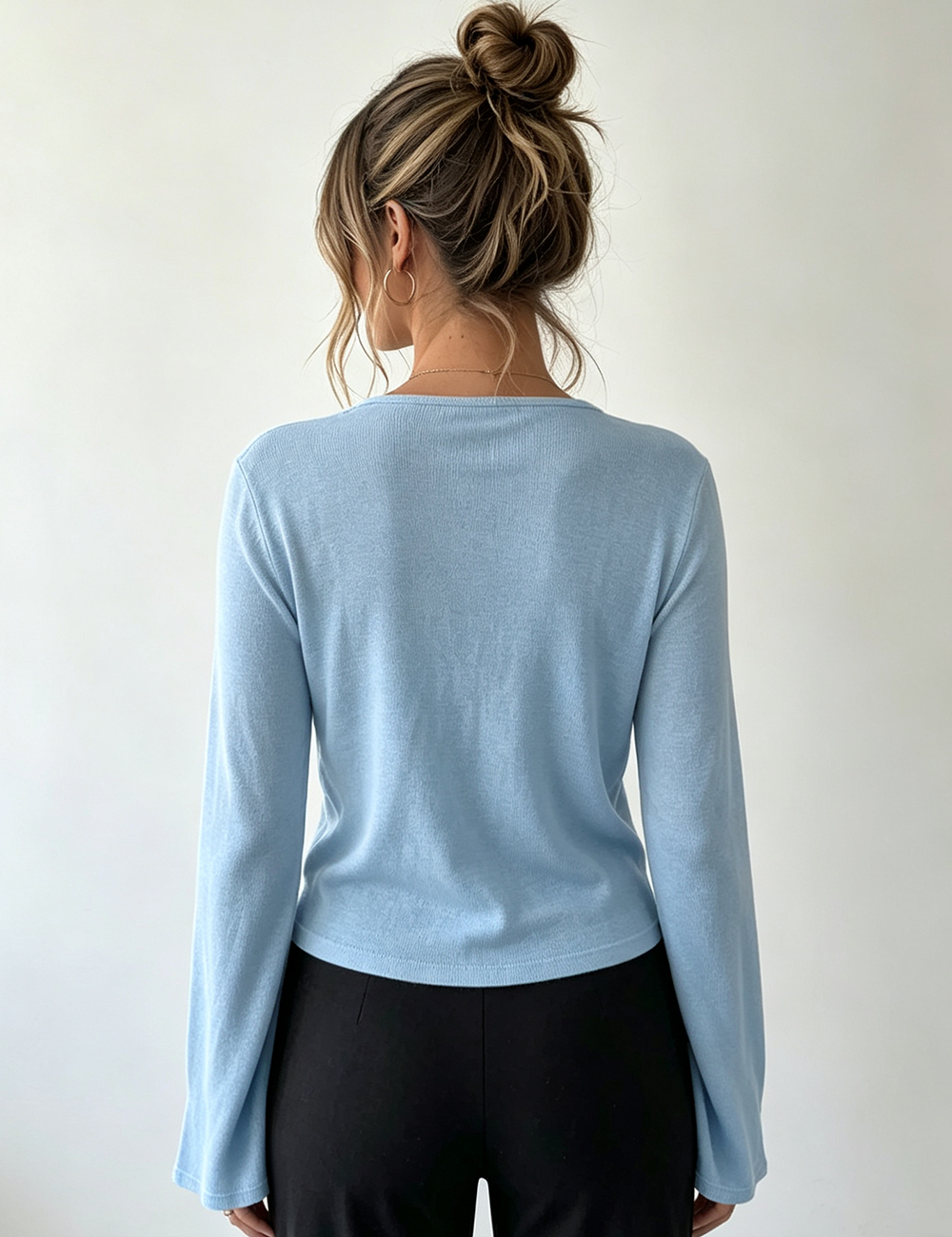 Ladies Casual Solid Round Neck Flare Sleeves Top