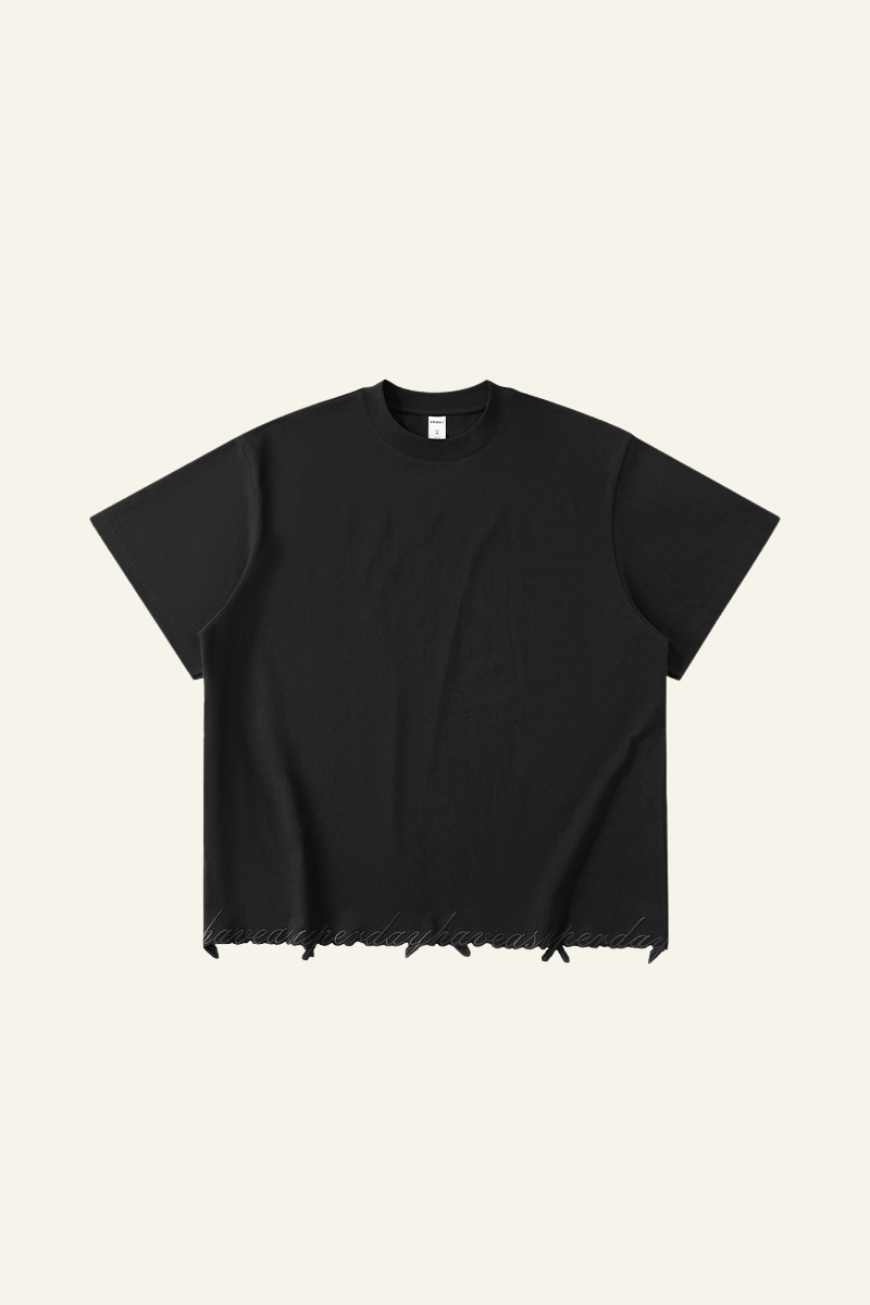 Men's Streetwear  Embroidered Raw-Edge Drop-Shoulder T-Shirt