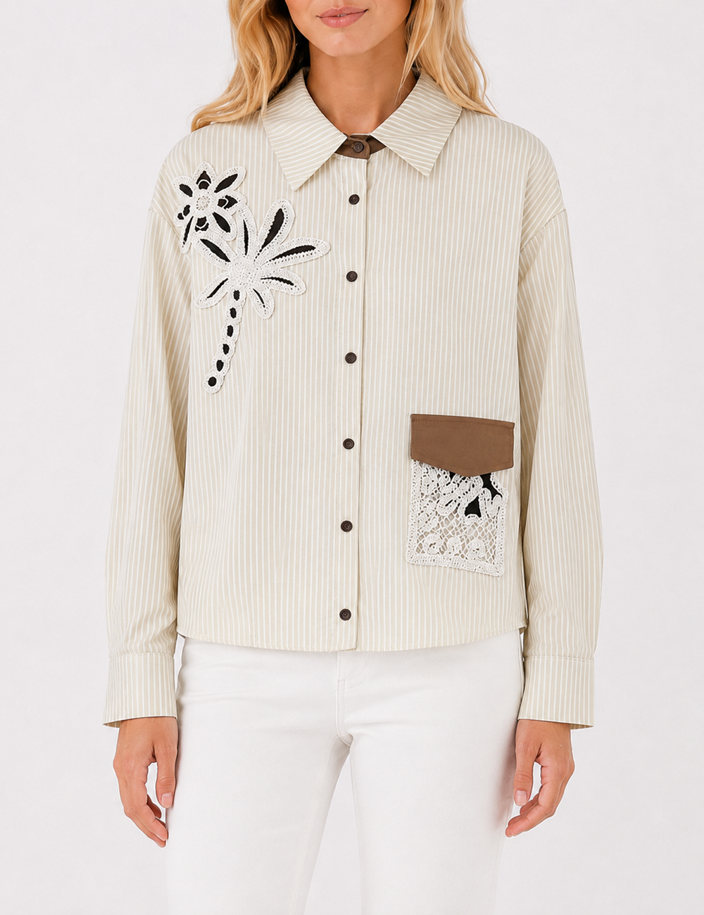 Ladies Striped Embroidery Floral Pocket Button-Down Shirt