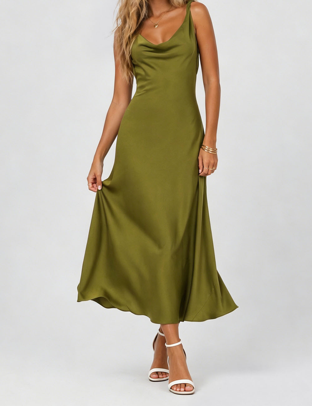 Ladies Chic Satin Cowl Neck Sleeveless Back Tie Midi Dress