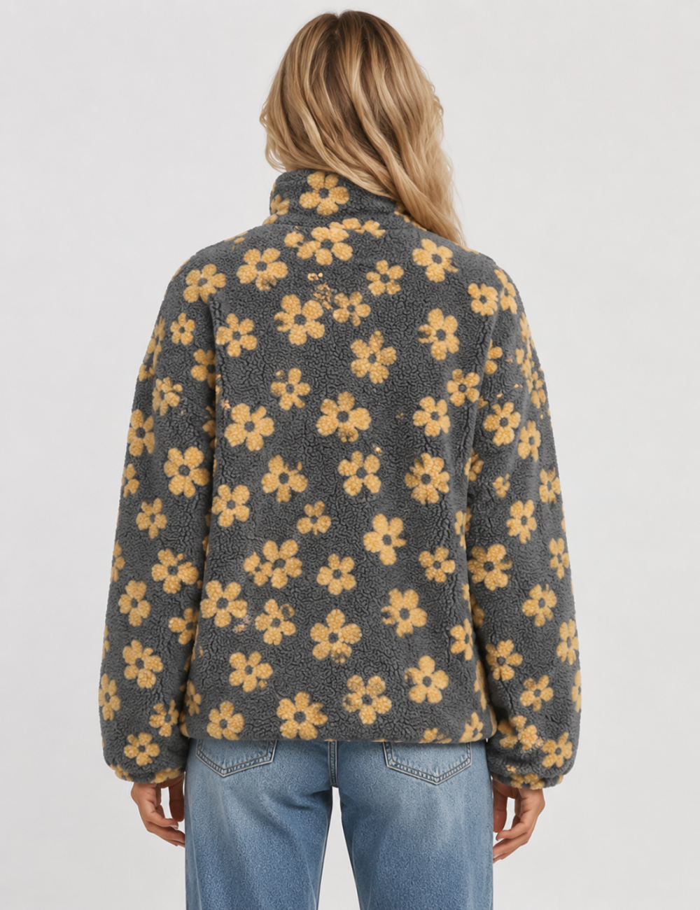 Ladies Casual Floral Pattern Zipper Front Fleece Pullover Sweatshirt