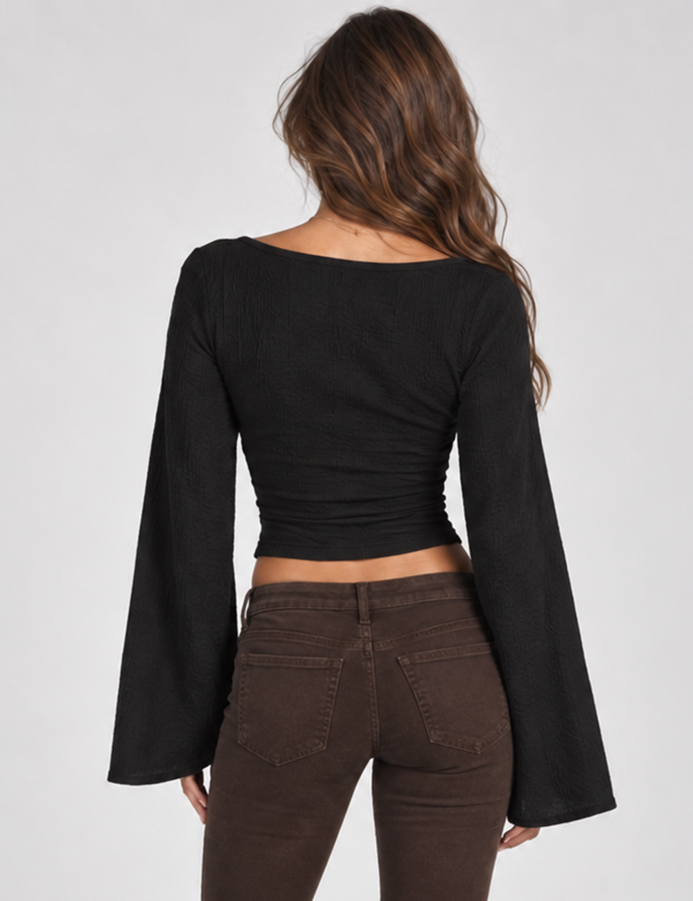 Ladies Casual Solid V-Neck Flare Sleeve Crop Top