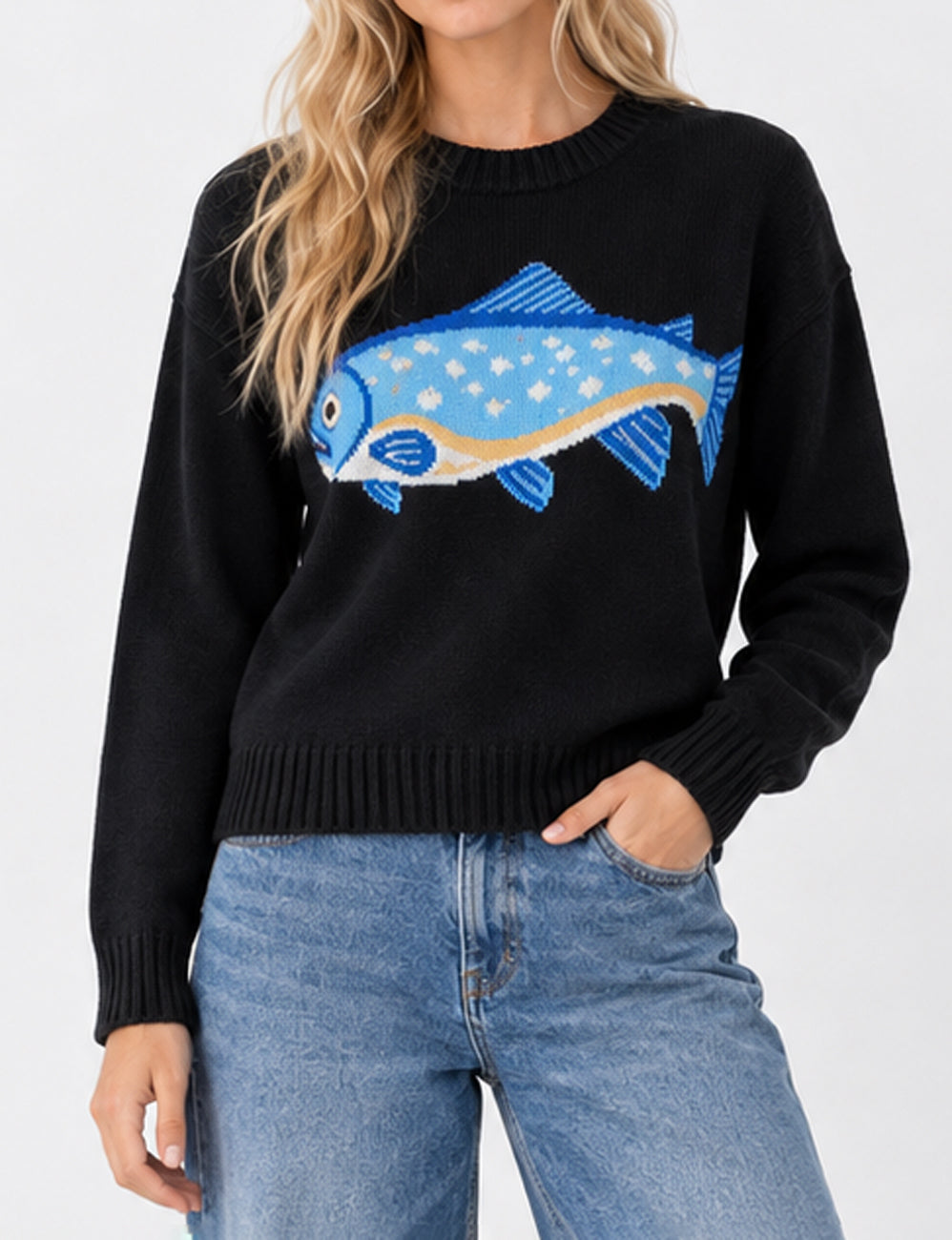 Ladies Fish Jacquard Crew Neck Cropped Knit Sweater