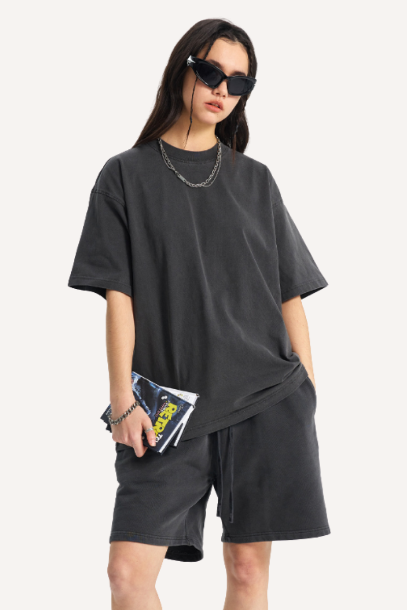 Unisex Summer Washed Distressed Fade Tee & Shorts Set