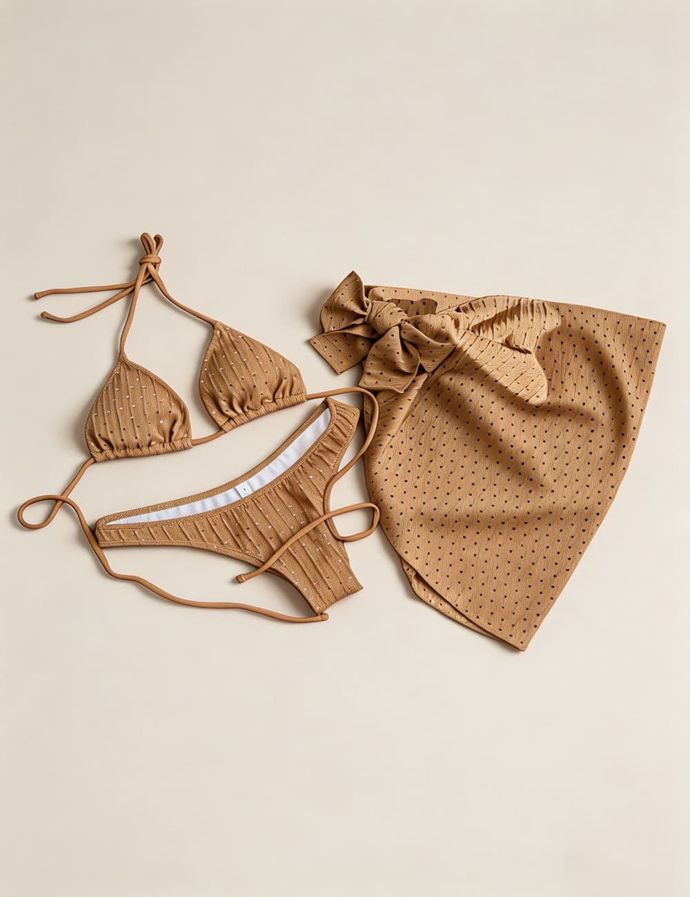 Ladies Solid Color Halter Triangle Bikini Set with Cover Up