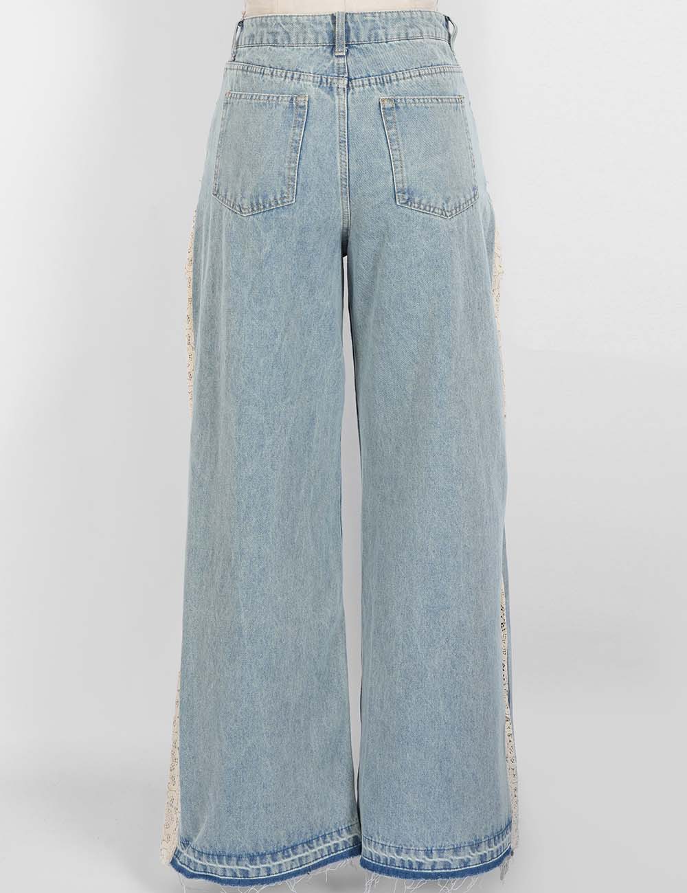 Ladies Lace Panel Washed Jeans Wide Leg Denim Pants