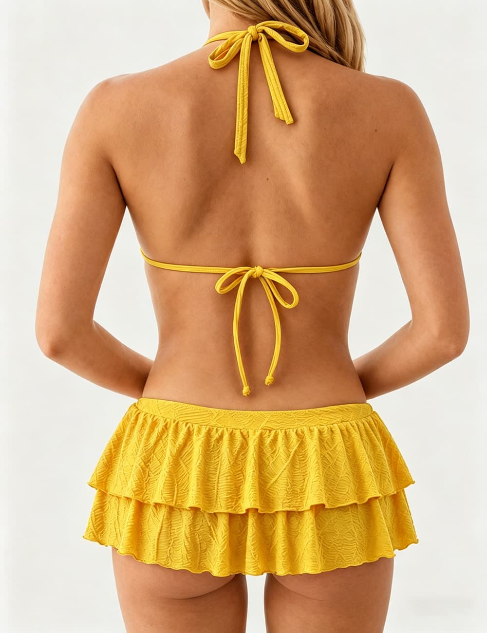 Ladies Cowl Drape Detail Triangle Bikini Set with Mini Skirt