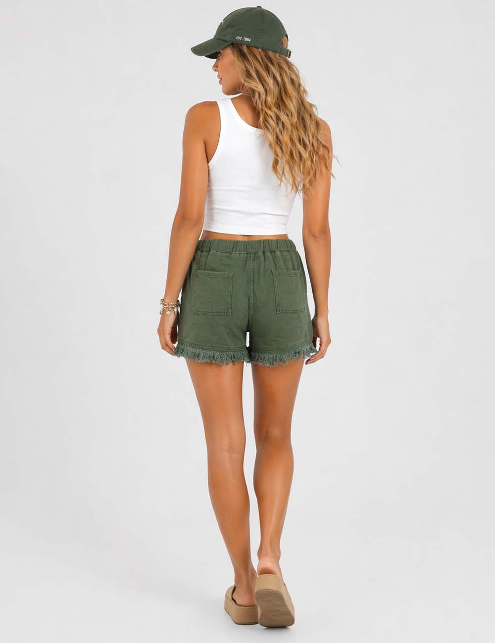 Ladies Solid Color Drawstring Waist Frayed Hem Denim Shorts
