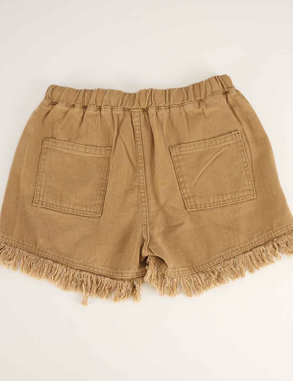 Ladies Solid Color Drawstring Waist Frayed Hem Denim Shorts