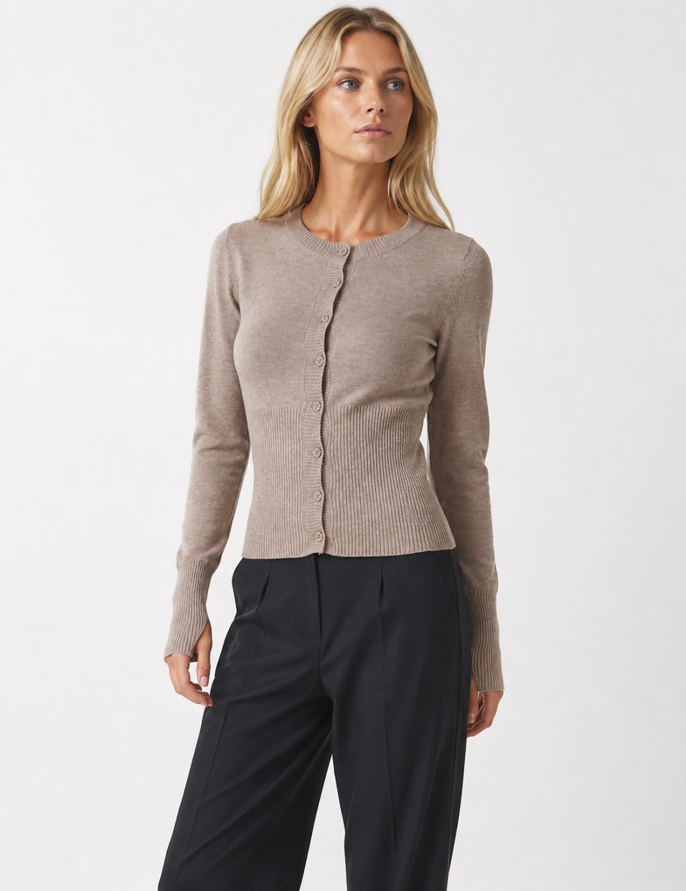 Ladies Button Front Ribbed Knit Cardigan