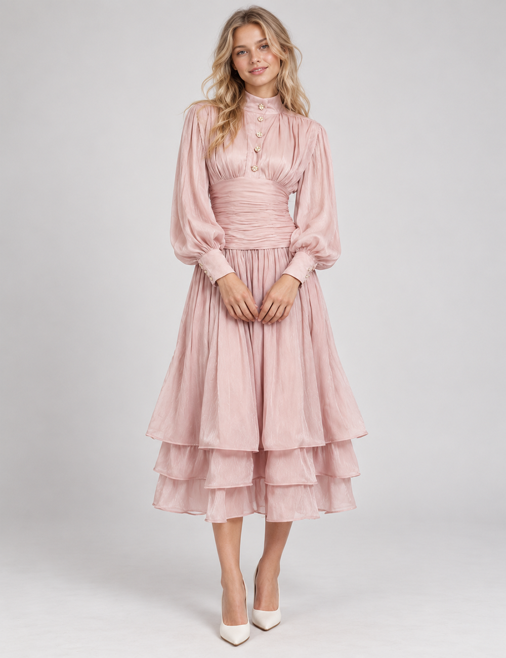 Ladies Puff Sleeves Ruched Button Tiered Midi Dress