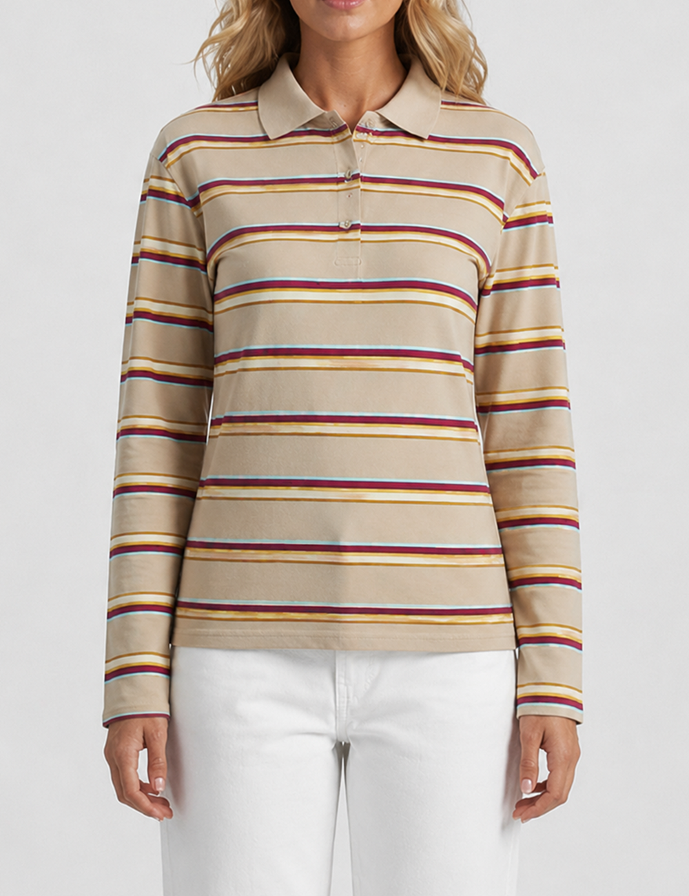 Ladies Casual Striped Polo Collar Long Sleeves Top