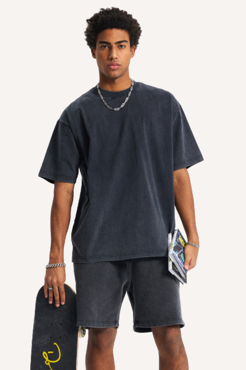 Unisex Summer Washed Distressed Fade Tee & Shorts Set