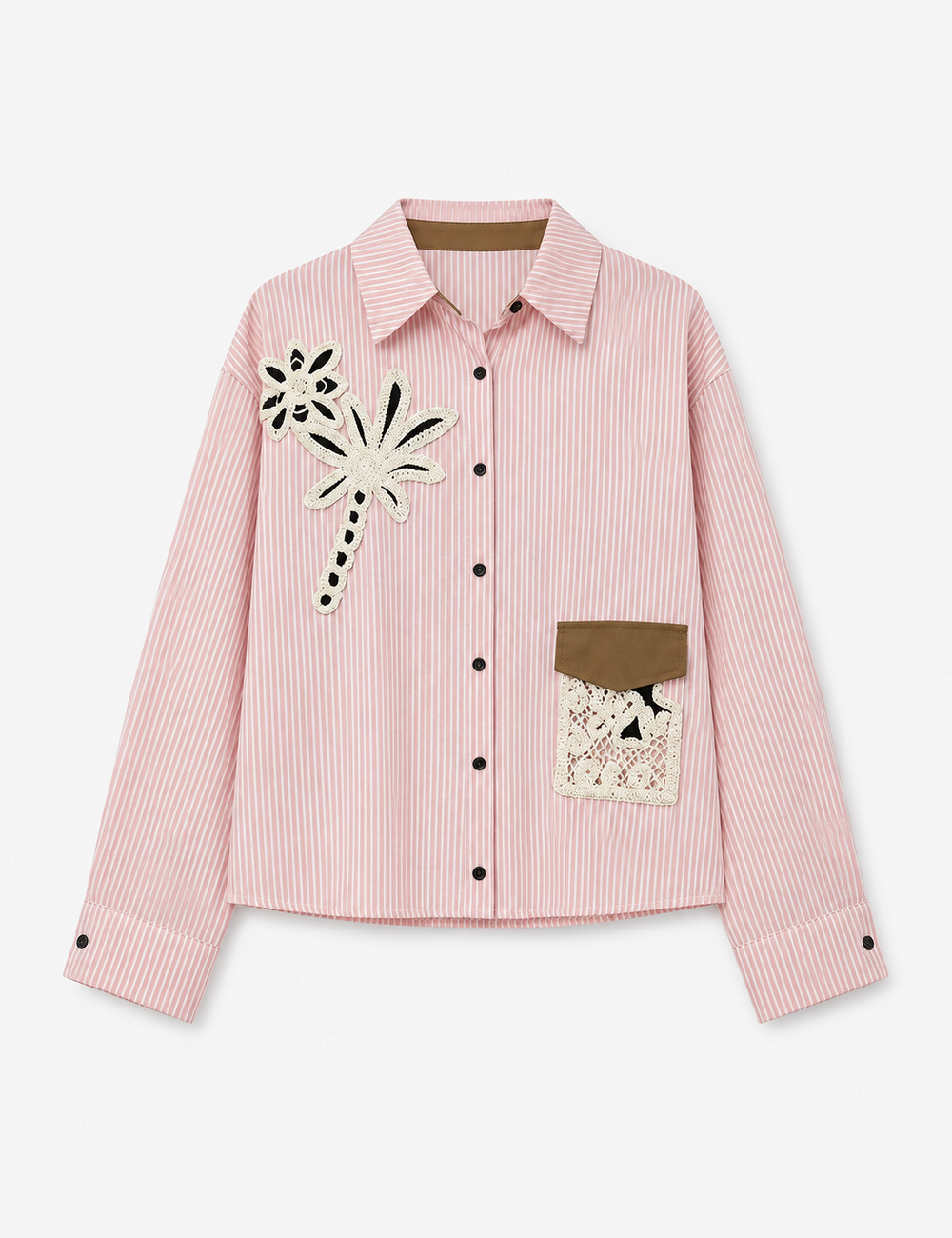 Ladies Striped Embroidery Floral Pocket Button-Down Shirt