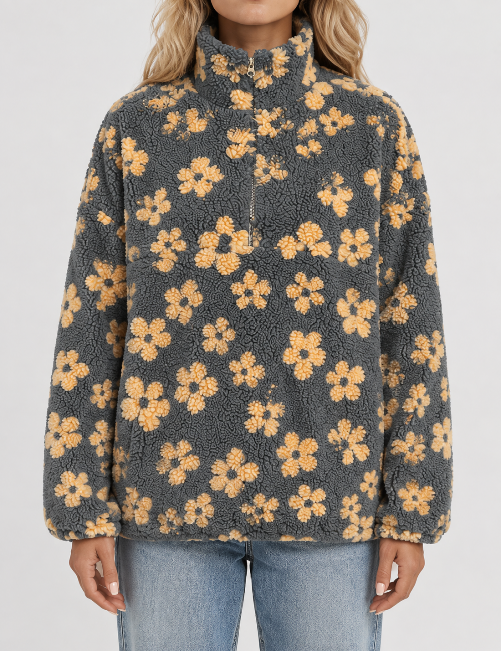Ladies Casual Floral Pattern Zipper Front Fleece Pullover Sweatshirt