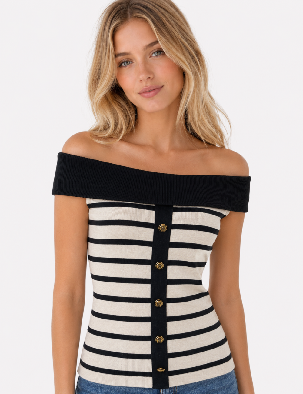 Ladies Off Shoulder Striped Button Detail Knit Top