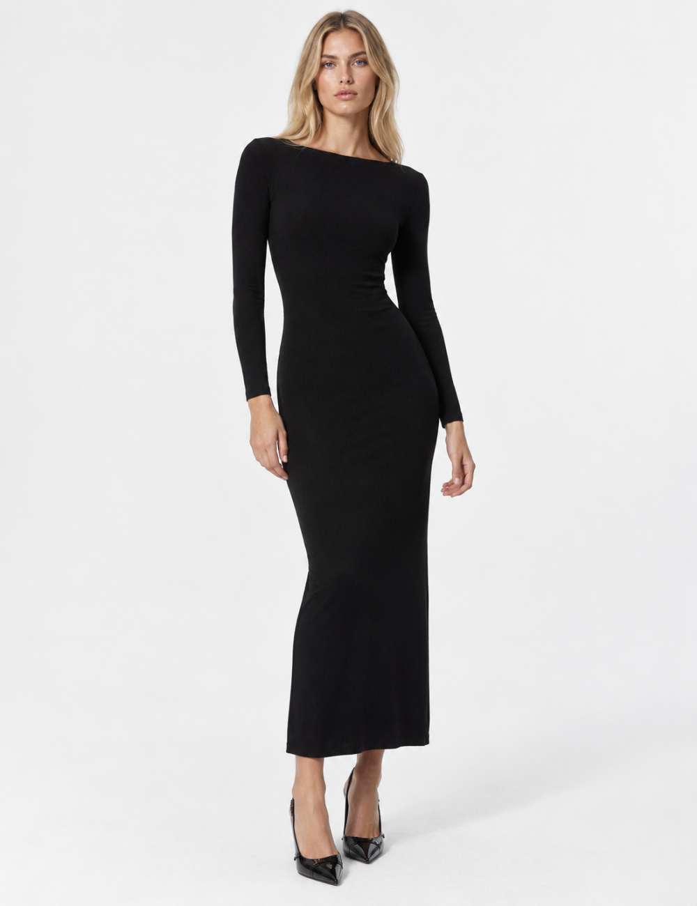 Ladies Boat Neck Ribbed Knit Bodycon Maxi Dress