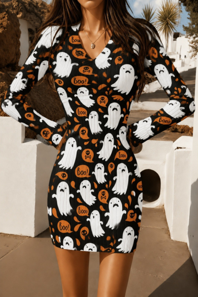 Women Fall Clothing Halloween Pumpkin Ribbed Bodycon Dress