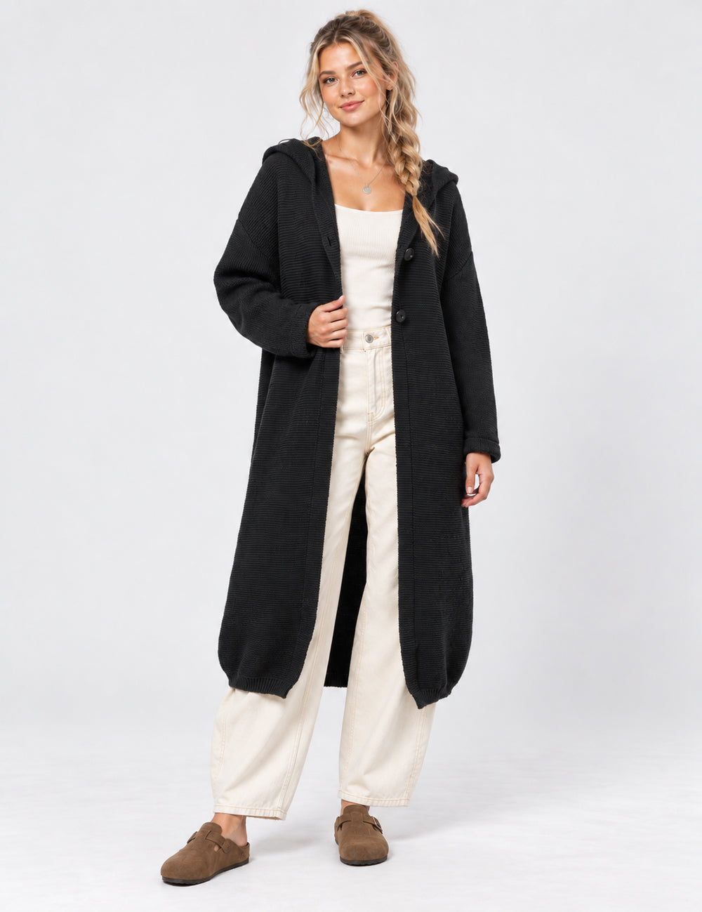 Ladies Button Hooded Solid Color Sweater Coat Cardigan