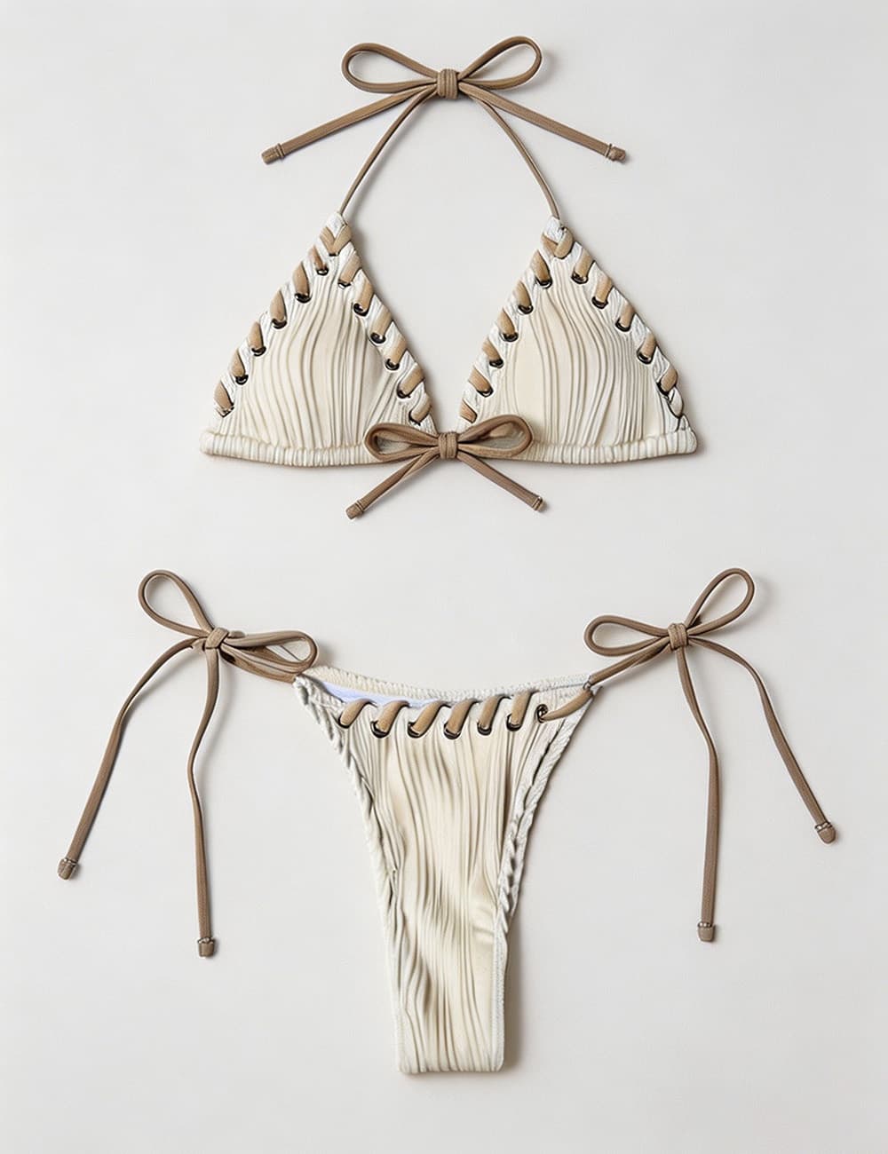Ladies Braided Trim Ribbed Halter Triangle 2 Piece Bikini Set