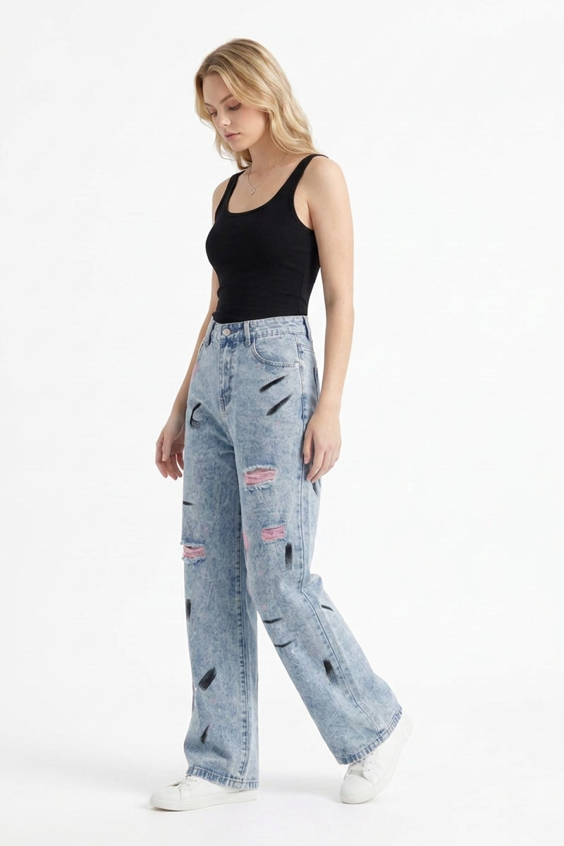 Women's High Waist Graffiti Ripped Wide Leg Jeans