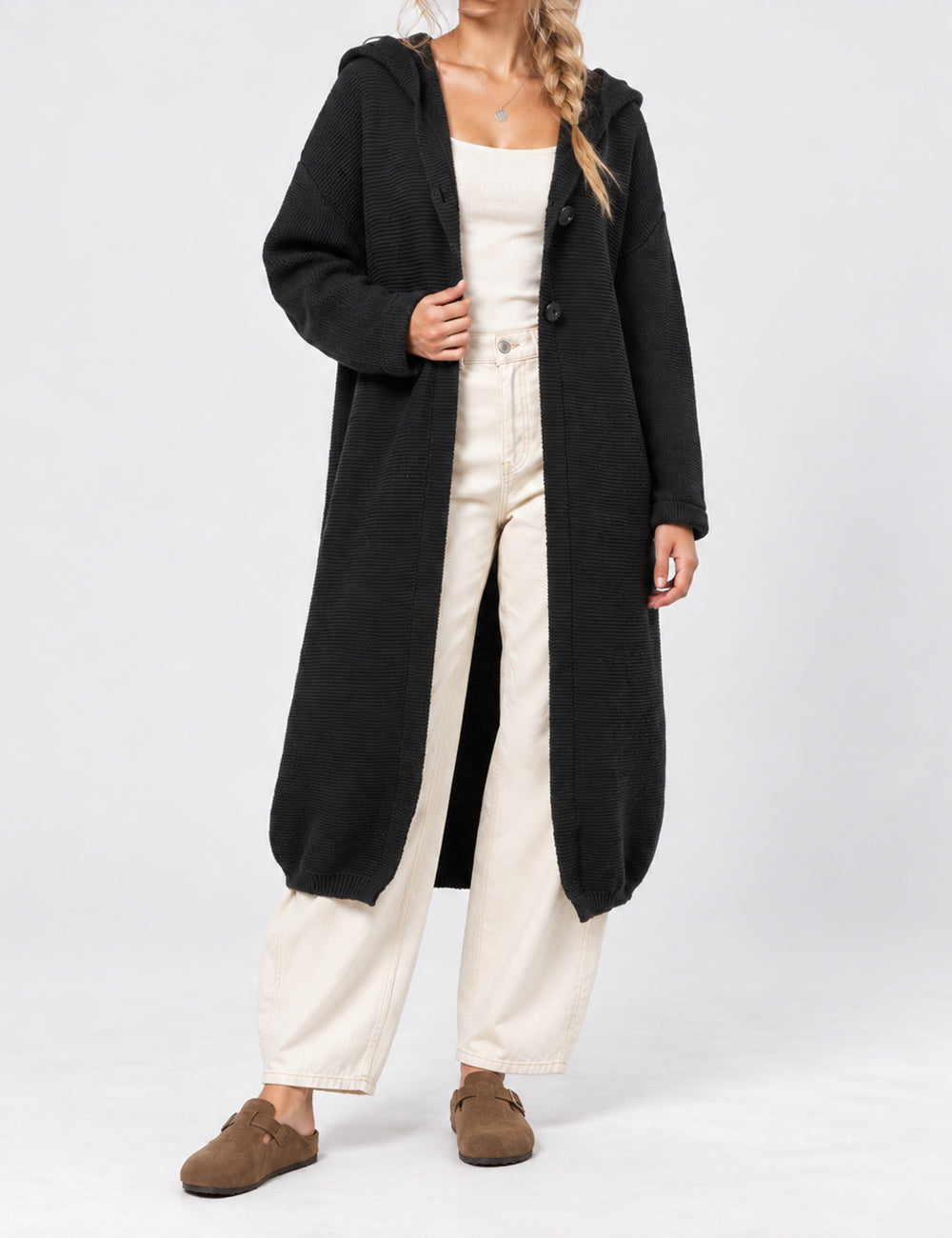 Ladies Button Hooded Solid Color Sweater Coat Cardigan