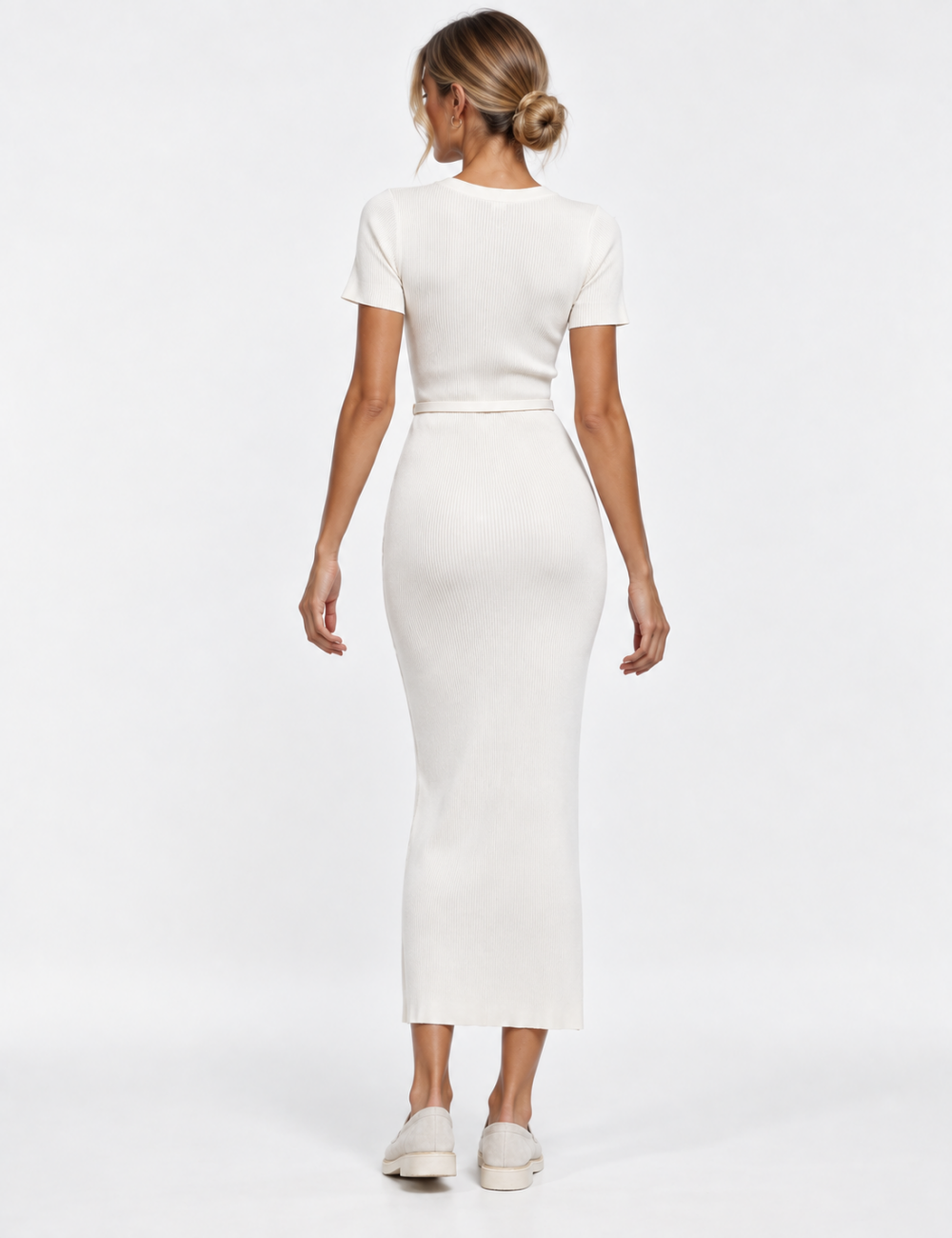 Ladies V-Neck Button Front Ribbed Knit Bodycon Midi Dress