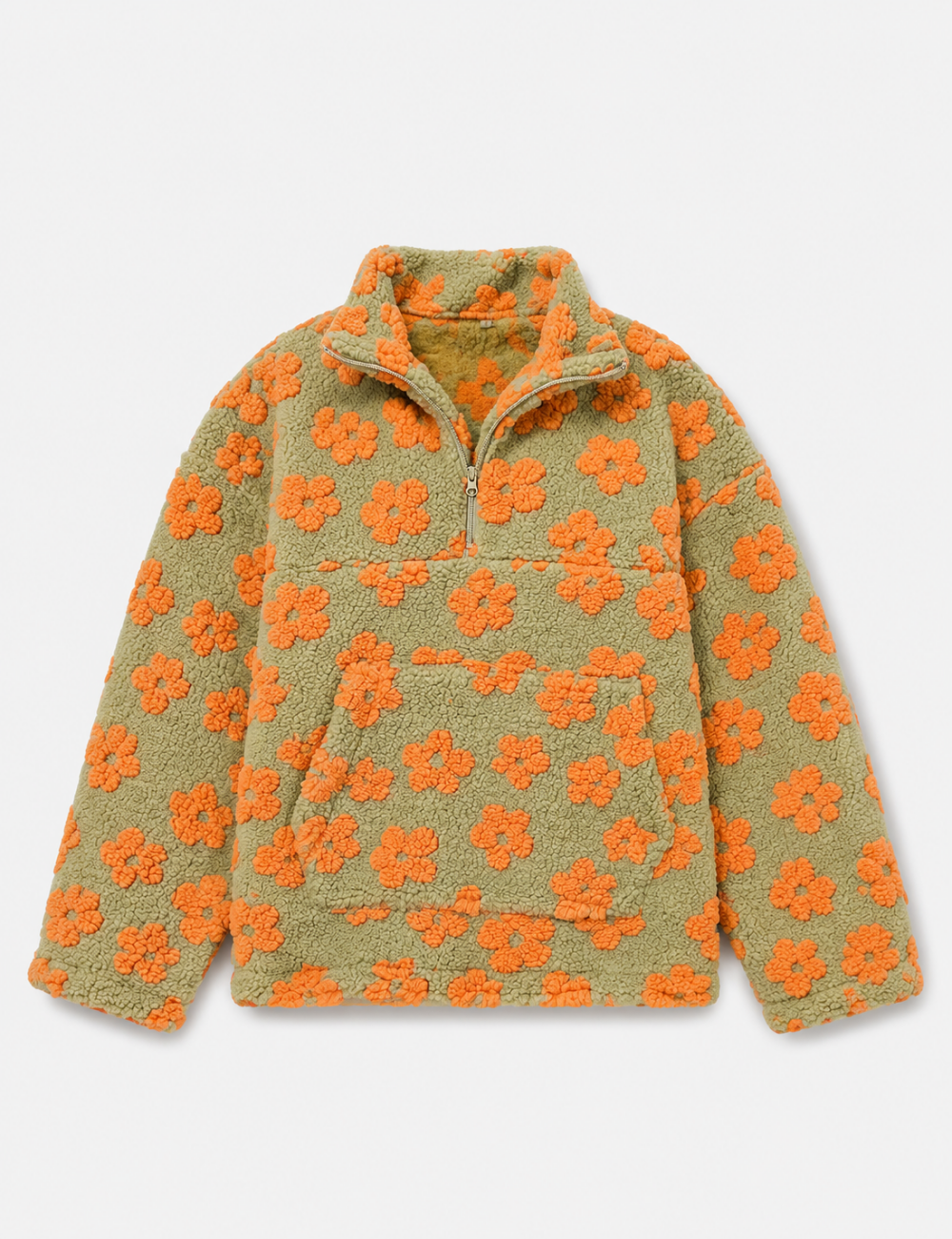 Ladies Casual Floral Pattern Zipper Front Fleece Pullover Sweatshirt