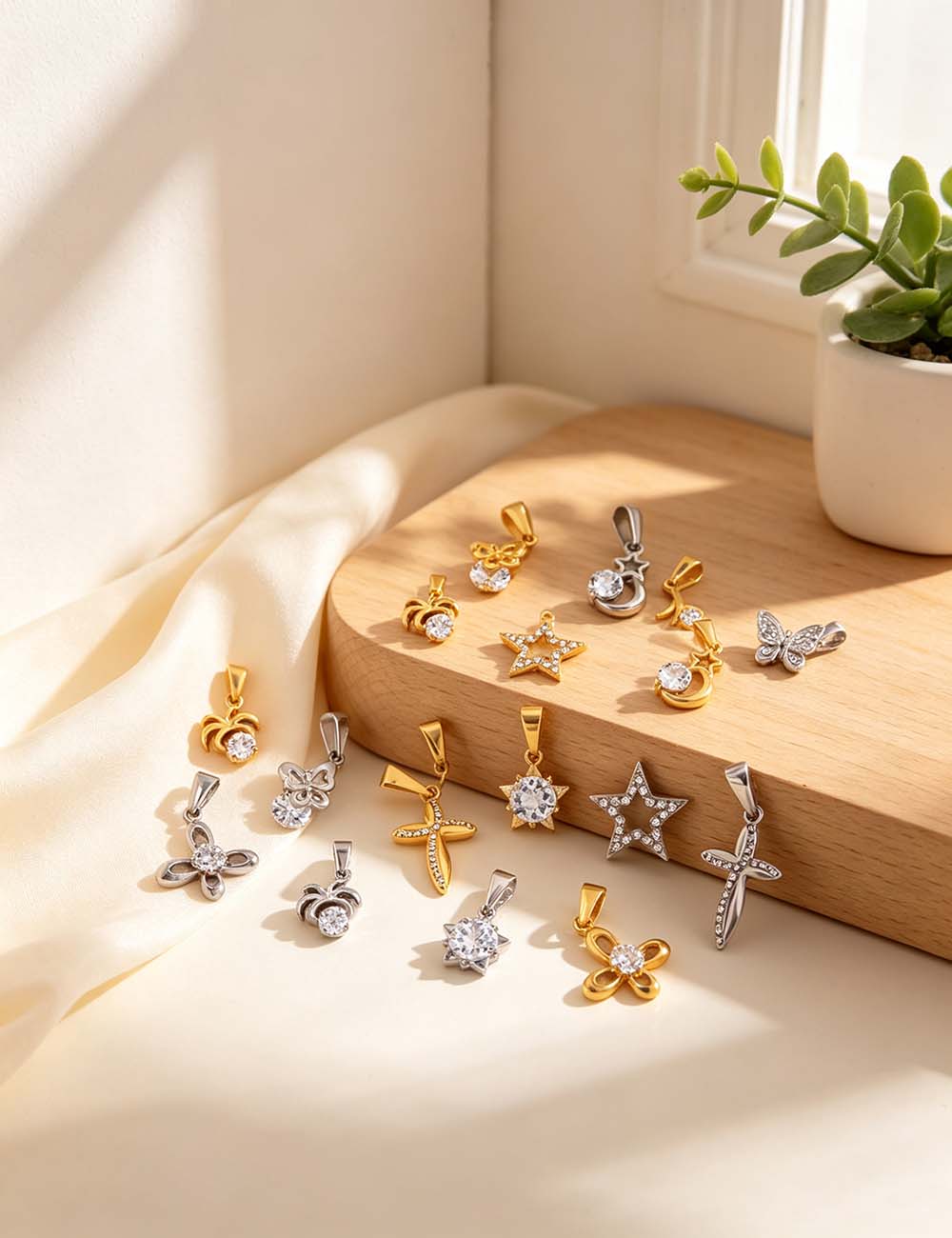 Ladies Minimalist Romantic CZ Star Cross Charm Pendant