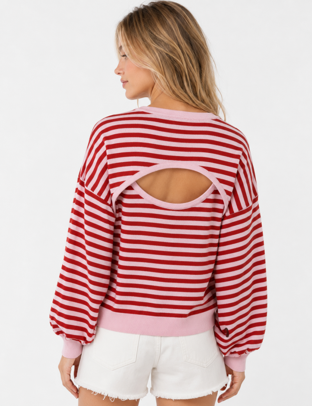 Ladies Stripe Back Cutout Long Sleeve Knit Sweater